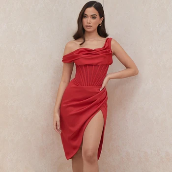 Karlofea Suknelės Moterims Šalis Seksualus Vasaros 2021 Drabužius Elegantiškas Raudonojo Satino Korsetas Midi Suknelė Naują Vestuvių Įžymybė Derliaus Skraiste