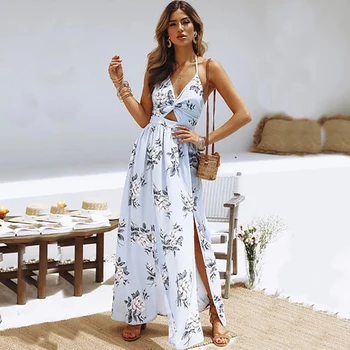 Seksualus Tuščiaviduriai Apynasrio Gėlių Ilga Suknelė Moterims Vasaros 2020 Šifono Boho Holiday Beach Maxi Suknelė Padalinta Tvarstis Medžiaga Mėlyna Rožinė