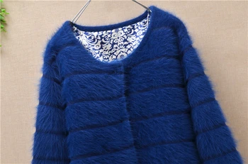 Top mujer moterų storas šiltas vidutinio ilgio juostelėmis angoros triušio kailio megzti megztinis ilgomis rankovėmis megztinis mink kašmyro paltai žiemos