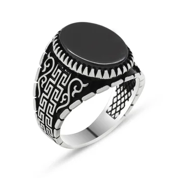 925 sterlingas Sidabro Labirintas Modelis Ovalo formos Juodasis Oniksas Men 'S Ring