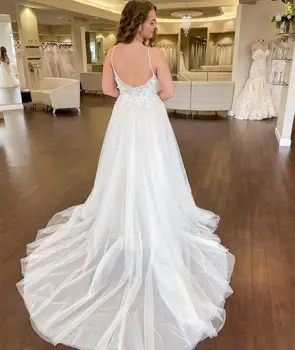 Brangioji Vestuvių Suknelė Teismas Traukinio Backless Grindų Ilgio Šifono 2021 Spageti Dirželis Vestuvinės Suknelės Elegantiškas Moterų Paplūdimio