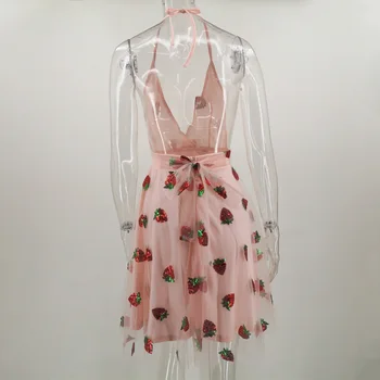 Vasaros China Siuvinėjimo Tinklelio Nėriniai Moterų Braškių Mini Suknelė Aukšto Juosmens Tunika Atsitiktinis Suknelė Aukščiausios Kokybės Mados 2021