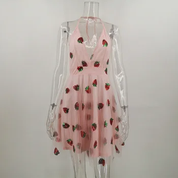 Vasaros China Siuvinėjimo Tinklelio Nėriniai Moterų Braškių Mini Suknelė Aukšto Juosmens Tunika Atsitiktinis Suknelė Aukščiausios Kokybės Mados 2021