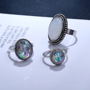 Naujas Vintage Opal Spalvingas Kalnų Krištolas Žiedų Rinkinys Moterims Stambusis Geometrinis Modelis Žiedai Šalies Bohemijos Papuošalai