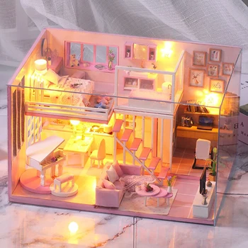 3D Medinės Lėlės Namas, PASIDARYK pats Miniatiūriniai Lėlių namelis su Baldais ir LED Žibintai, Gimtadienius, Šventes Kalėdų Dovanos Vaikams