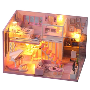 3D Medinės Lėlės Namas, PASIDARYK pats Miniatiūriniai Lėlių namelis su Baldais ir LED Žibintai, Gimtadienius, Šventes Kalėdų Dovanos Vaikams
