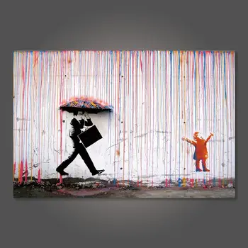 Banksy Vaikščioti Per Lietų Gatvės Grafiti Sienos Menas Drobė Paveikslų ant Sienos Plakatus ir nuotraukas Kambarį Dekoro