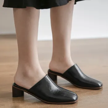 ASUMER 2020 aukščiausios kokybės natūralios odos batai moterims šlepetė senovinių kvadratinių kojų pavasario vasaros aukšto kulno šlepetė ponios juoda