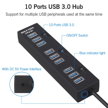 10 Port USB 3.0 Hub 5V 2A Power Adapter USB HUB 3.0 Kroviklio Jungiklis Multi USB Skirstytuvo USB3.0 Centru 