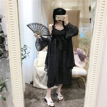 VOOCIEC Lolita dress Kawaii Suknelė Moterims Japonijos cute Lolita paauksuotas suspender suknelė + apsauga nuo saulės kailio striukė dviejų dalių mielas