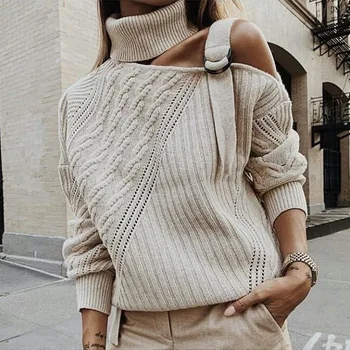 Foridol megzti tuščiaviduriai iš megztinis puloveriai moterų vienos pečių diržo golfo negabaritinių megztinis streetwear atsitiktinis derliaus viršų