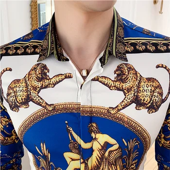 Prabangus Auksinis Leopardas Spausdinti Marškinėliai 2019 Mados Prekės ženklo Vyrų Karališkojo Klubo Drabužių Mados vyriški ilgomis Rankovėmis Atsitiktinis Socialinės Marškinėliai