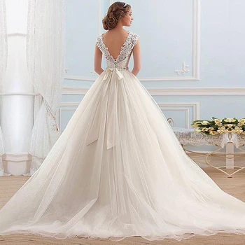 Elegantiškas Nėrinių Tiulio Paplūdimys Vestuvių Suknelė 2021 O-kaklo Bžūp Rankovėmis, pagaminti pagal Užsakymą, Baltos Dramblio kaulo Vestuvių Suknelės Vestido de Novia