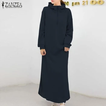 2021 m. Rudenį Golfo ilgomis Rankovėmis Palaidinukė Suknelė ZANZEA Atsitiktinis Gobtuvu Vestidos Moterų Kietas Padalinta Ilgai Sundress Plius Dydžio Drabužius
