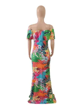 Europos naujų kelių spalvų spausdinimo slim suknelė vasaros mados off peties trumpas rankovės moteriški marškinėliai, ilgas sijonas