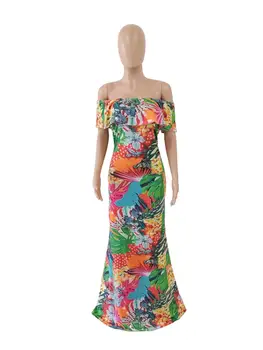 Europos naujų kelių spalvų spausdinimo slim suknelė vasaros mados off peties trumpas rankovės moteriški marškinėliai, ilgas sijonas