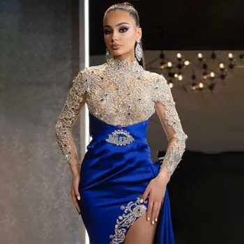 Royal Blue Vakaro Suknelės Kaftan Pamatyti Per Liemenė Duobute Rankovės Spalvingas Dubajus Promenadzie Suknelė Arabų Undinė Šalis Suknelė Padalinti