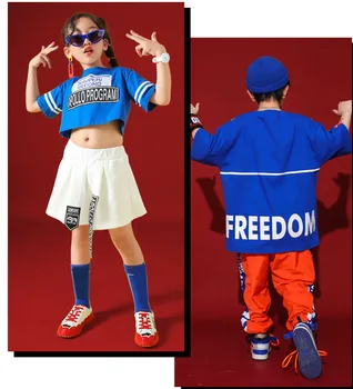 Vaikų Hip-Hop Mėlynos spalvos Drabužiai Vaikams Mergaitės Berniukai Džiazo Gatvės Šokių Kostiumas Vasaros T-marškinėliai, Kelnės Nustatyti Pramoginiai Dancewear Etape Apranga