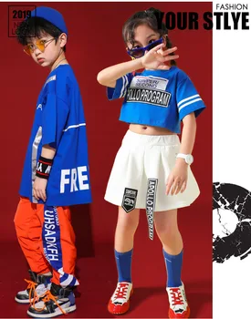 Vaikų Hip-Hop Mėlynos spalvos Drabužiai Vaikams Mergaitės Berniukai Džiazo Gatvės Šokių Kostiumas Vasaros T-marškinėliai, Kelnės Nustatyti Pramoginiai Dancewear Etape Apranga