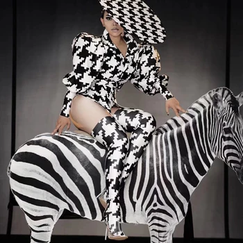 Nauja Džiazo Kostiumai Moterims/Vyrams naktiniame klube DJ DS Pole Dance Jumpsuit Festivalis Rave Apranga Juoda Ir Balta Zebras Bodysuit DQL2426