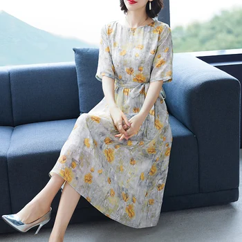 Derliaus Korėja Geltona Gėlių Medvilnės Skalbiniai Midi Sundress 2021 M. Vasarą 3XL Plius Dydžio Elegantiškas Moterų Paplūdimio Suknelė Bodycon Šalies Vestido