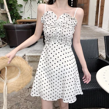 2020 metų Vasaros naują polka dot spausdinti balto šifono suknelė trumpa seksuali spageti suknelės paplūdimio drabužiai be rankovių vestidos
