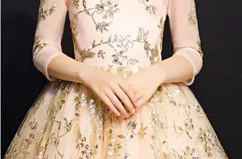 Golden China Nėrinių Gėlių Mergaitė Vestuvių Suknelė Granulių Apdailos Mergina Gimtadienio Konkurso Suknelė Princesė Vaikų Pirmoji Komunija Ilga Suknelė