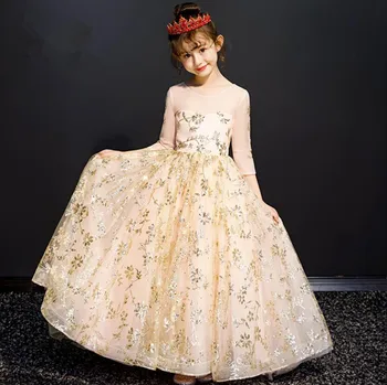 Golden China Nėrinių Gėlių Mergaitė Vestuvių Suknelė Granulių Apdailos Mergina Gimtadienio Konkurso Suknelė Princesė Vaikų Pirmoji Komunija Ilga Suknelė