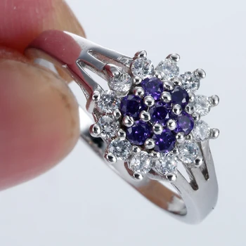 Raundas gėlių asfaltuotas violetinė balta cz Žiedai, juvelyriniai sidabro padengtą princesė kubinis cirkonis moterims Vestuvinis Žiedas