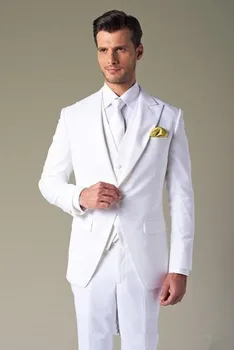 Pagal užsakymą Pagaminti Jaunikis Balta Tuxedos mados vyrų kostiumai, vestuvių gražus Groomsman/jaunikis Mens Kostiumas( striukė+Kelnės+liemenė+kaklaraištis)