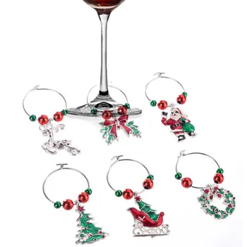6Pcs/daug Kalėdų Vyno Stiklo Apdailos Žiedas Namų Stalo Vieta Dekoracijos Kalėdų Santa Hat Kalėdų Dieną