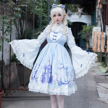 Princesė lolita dress palace nėrinių bowknot mielas spausdinimo kawaii suknelė nuimamos rankovės viktorijos suknelė gothic lolita op loli cos