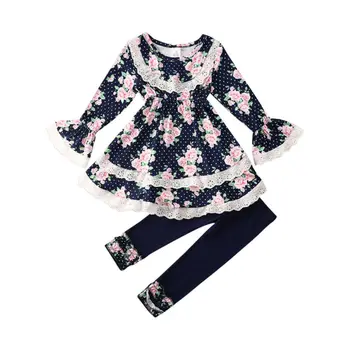 2VNT Vaikams Baby Girl Drabužiai Gėlių Nėrinių marškinėliai Topai Suknelė ilgos Kelnės, Antblauzdžiai rudenį ilgomis rankovėmis Apranga Rinkinys