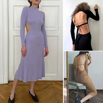Moterų Sexy Backless Šalis Suknelė Mezgimo Stiliaus Ilgomis Rankovėmis Golfo Žiemos Maxi Suknelė Plonas Office Suknelė