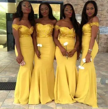 Aukso Geltonos Spalvos Blizgučiais Viršuje Bridesmaid Dresses 2020 Karšto Nekilnojamojo Nuotraukas Iš Peties Vestidos Ilgai Undinė Vestuvės Dress Suknelė