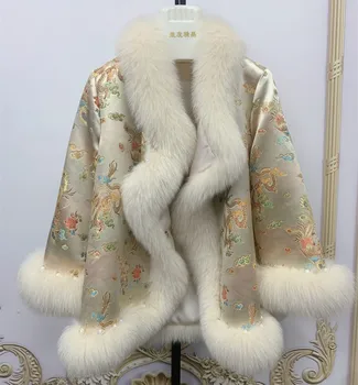 Fox fur coat gamtos 2020 Teismas stiliaus Išskirtinį siuvinėjimo plius medvilnės žaliojo kailis nekilnojamojo lapės kailio apdaila