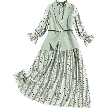 2020 m. Rudenį moterys ilgomis rankovėmis suknelė tiktų gėlių spausdinti elastinga juosmens-line žalia suknelė + liemenė office OLIS plius dydžio dviejų dalių komplektas