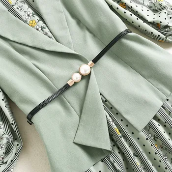 2020 m. Rudenį moterys ilgomis rankovėmis suknelė tiktų gėlių spausdinti elastinga juosmens-line žalia suknelė + liemenė office OLIS plius dydžio dviejų dalių komplektas