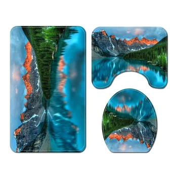 3D Vonios Kilimėlis Namų Dušo Užuolaidų Komplektas Dekoracijos Vonios kambarys Ne Slydimo Gamtos Kraštovaizdžio, Tualeto Dangtis Padengti Dekoratyvinis Ežeras Pjedestalo Kilimas