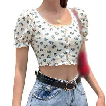 2021 Ponios Drabužiai Moterims, O-Kaklo trumpomis Rankovėmis Top Marškinėliai Moterims Tees korėjos Stiliaus Seksualus Gėlių Slim Trumpas Moterų Bamba T-Shirt