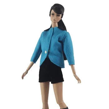 Mėlyna Mados Lėlės Drabužių Rinkinys Barbie Lėlės Komplektus Top Coat & Juoda Šortai Už 1/6 BJD Lėlės Reikmenys, Žaislai Vaikams