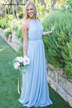 Pagamintas Mėlynos spalvos Šifono Bridesmaid, Apynasrio Suknelės Priekyje Plyšio Paplūdimio Šalies Stiliaus vestido dama de garbę boda