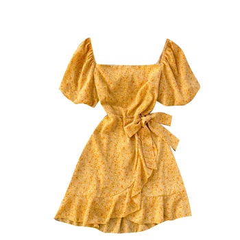 Moterys Naujas Mados Saldus Gėlių Spausdinti Mini-line Suknelė Aikštėje Apykaklės Short Sleeve Lace-up Juosmens Susiėmę Vestidos R257