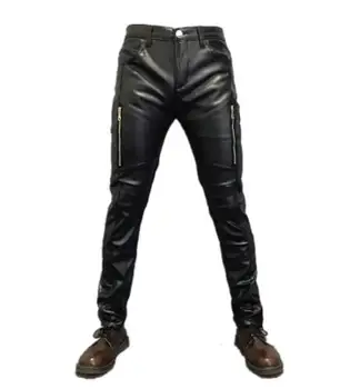 27-36 Naujų vyriškų drabužių rudens slim užtrauktukas PU kelnės motociklo stora oda pants plus size Vyrų baro etape kostiumai