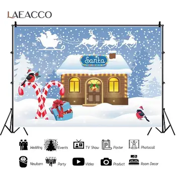 Laeacco Kūdikių Animacinių Filmų Žiemos Sniego Linksmų Kalėdų Kaimo Namas Elnių Rogės Saldainiai Vaizdingos Foto Fono Nuotrauką Fone Nuotrauka