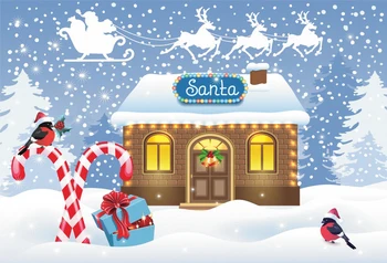 Laeacco Kūdikių Animacinių Filmų Žiemos Sniego Linksmų Kalėdų Kaimo Namas Elnių Rogės Saldainiai Vaizdingos Foto Fono Nuotrauką Fone Nuotrauka
