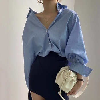 Negabaritinių Palaidinė Moterų Retro Mėlyną Ilgomis Rankovėmis Marškinėliai Office Lady Elegantiška Palaidinė Prašmatnus Rudenį 2020 M., Moterų Topai Maxi