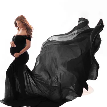 Motinystės Suknelės Nėščioms Moterims 17 Spalvų Stebėjimo Soild Off Peties Medvilnės Plūduriuojantis Uodega Trumpas Rankovės Fotografijos Suknelė