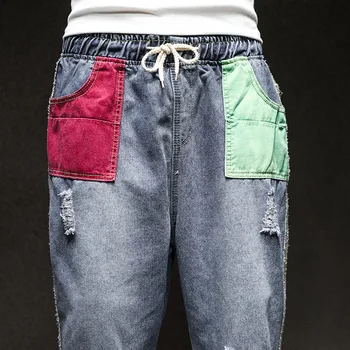 Mados Džinsinis Pieštuko Pants Mens Skylę Ripped Jeans Dizaino Pleistras kišenė vyriški Džinsai Haremo Kelnės Laisvalaikio Vyriškos Kelnės Streetwear