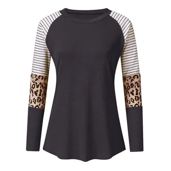 Negabaritinių Harajuku Marškinėlius Mados Moterų Atsitiktinis Palaidų O-kaklo Siūlės Leopardas Spausdinti Long Sleeve T-shirt Magliette donna
